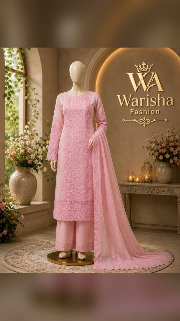 বারিশ থ্রিপিস আন্সটিচড (Warisha Rose Pink Heavy Embroidery Designer Suit)