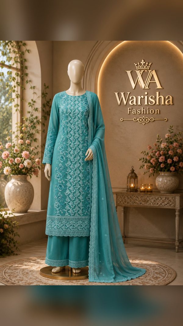 বারিশ থ্রিপিস আন্সটিচড (Warisha Teal Blue Royal Party Kameez Set) (W1004)