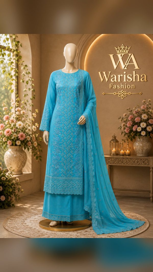 বারিশ থ্রিপিস আন্সটিচড (Warisha Sky Blue Sharara Style Designer Suit) (W1005)